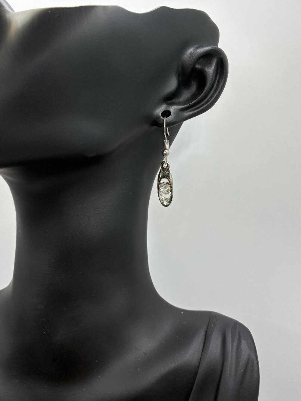 1.5" Silver Diamond Slender Oval Dangle Earrings